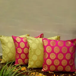 RoyalDeco Magenta & Beige 4 Pieces Ethnic Motifs Borcade Square Cushion Covers-picture-7