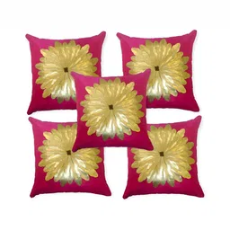 MONKDECOR Pink & Gold-Toned 5 Pieces Floral Embellished Silk Square Cushion Covers-image-74