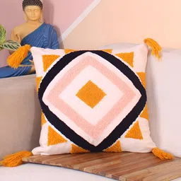 STITCHNEST White & Yellow Embroidered Square Cushion Cover-image-95