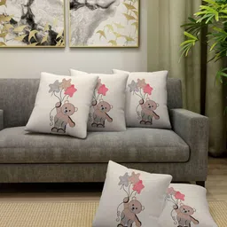 FABINALIV Off White & Pink 5 Pieces Cotton Cartoon Characters Square Cushion Covers-image-43