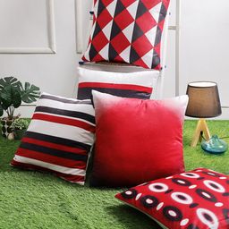 ROMEE Red & White Set of 5 Geometric Velvet Square Cushion Covers-15
