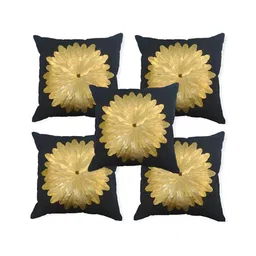 MONKDECOR Black & Gold-Toned 5 Pieces Floral Embellished Silk Square Cushion Covers-image-5