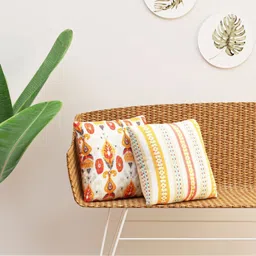 HAPPY HUES White & Orange 2 Pieces Ethnic Motifs Square Cushion Covers-37