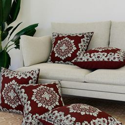 Kuber Industries Maroon & Off White 5 Pieces Floral Velvet Square Cushion Covers-20