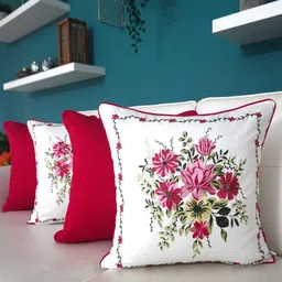 TARA- Sparkling Homes Pink & White 4 Pieces Floral Cotton Silk Square Cushion Covers-34
