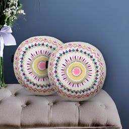 Mezposh Off White & Pink 2 Pcs Ethnic Motifs Embroidered Round Cushion Covers-image-29