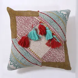 Art Avenue Red & Sea Green Ethnic Motifs Textured Cotton Square Cushion Cover-18