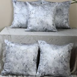 MFD HOME FURNISHING Grey & Off White 5 Pieces Abstract Velvet Square Cushion Covers-17