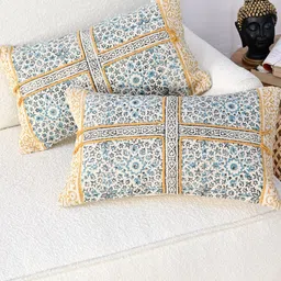 Art Avenue Cream-Coloured & Orange Ethnic Motifs Rectangle Cotton Cushion Cover-image-82
