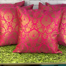 Pink Parrot Pink & Gold-Toned 5 Pcs Embroidered Square Cushion Covers-17