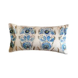 ZEBA Blue & White Floral Embroidered Velvet Rectangle Cushion Cover-image-23