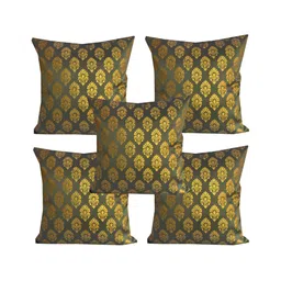 Pink Parrot Green & Gold-Toned 5 Pieces Ethnic Motifs Square Cushion Covers-image-61