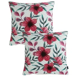 Aura Red & White 2Pcs Floral Velvet Square Cushion Covers-27