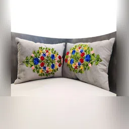 Good Vibes Grey & Blue 2 Pieces Floral Embroidered Velvet Rectangle Cushion Covers-16