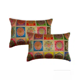 TANLOOMS Beige & Blue 2 Pcs Ethnic Motifs Rectangle Cushion Covers-image-51