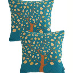 Aura Turquoise Blue & Brown 2 Pieces Floral Square Cushion Covers-image-64