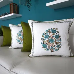 TARA- Sparkling Homes 4 Pcs Olive Green & White Floral Square Cushion Covers-image-19