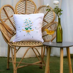 BandBox White & Green Floral Jute Cotton Square Cushion Cover-29