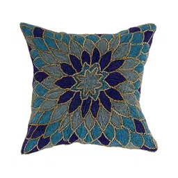 YWULY Navy Blue & Teal Floral Embellished Square Cushion Cover-image-6