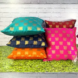 Pink Parrot Pink & Yellow 5 Pieces Ethnic Motifs Jacquard Silk Square Cushion Covers-image-24