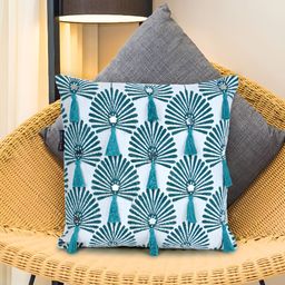 Mezposh Teal & White Ethnic Motifs Square Cushion Cover-image-91