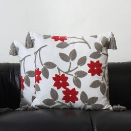 Jamio Firati White & Grey 2 Pieces Floral Embroidered Square Cotton Cushion Covers-42