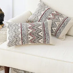 Art Avenue Beige & Black Embroidered Rectangle Cotton Cushion Cover-image-58