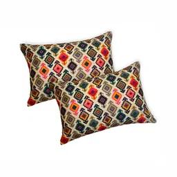 MONKDECOR Beige & Blue 2 Pieces Ethnic Motifs Velvet Rectangle Cushion Covers-image-88