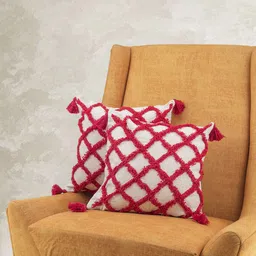 KRAVIKA Red & White 2 Pieces Embroidered Cotton Square Cushion Covers-image-16