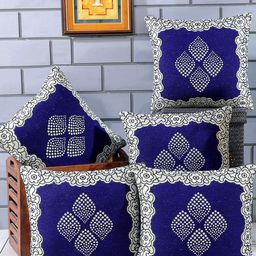 Nendle Blue & White 5 Pieces Floral Printed Cotton Square Cushion Covers-image-8