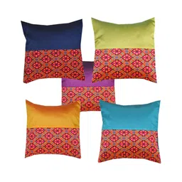 Pink Parrot Green & Red 5 Pieces Ethnic Motifs Square Cushion Covers-image-19