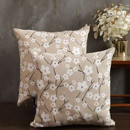 Aura Beige & White 2 Pieces Floral Square Cushion Covers-image-20