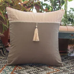 ZEBA Beige & Grey Embellished Cotton Square Cushion Cover-34