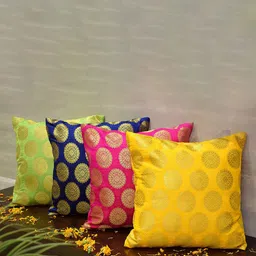 RoyalDeco Green & Pink 4 Pieces Ethnic Motifs Borcade Square Cushion Covers-image-20