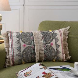 MIAH Decor Beige & Black Blockprinted & Embroidered Rectangle Cushion Covers-12