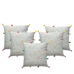 Contrast Living Blue & Grey Set of 5 Floral Printed Cotton Square Cushion Covers-4