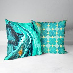 BIANCA Turquoise Blue & Gold-Toned Set of 2 Geometric Square Cushion Covers-50