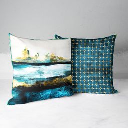 BIANCA Teal & Gold-Toned Set of 2 Geometric Square Cushion Covers-12