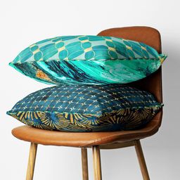 BIANCA Turquoise Blue & Gold-Toned Set of 2 Geometric Square Cushion Covers-39
