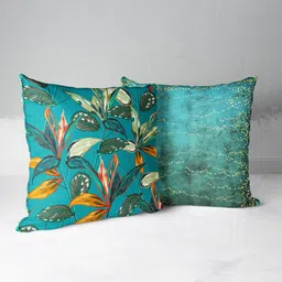 BIANCA Turquoise Blue & Orange Set of 2 Floral Square Cushion Covers-31