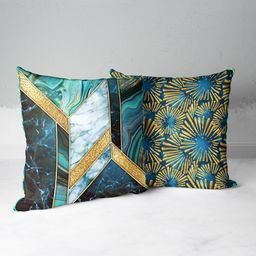 BIANCA Teal & Beige Set of 2 Geometric Square Cushion Covers-13