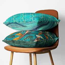 BIANCA Teal & Gold-Toned Set of 2 Geometric Square Cushion Covers-40