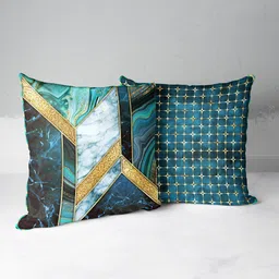 BIANCA Teal & Gold-Toned Set of 2 Geometric Square Cushion Covers-56