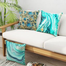 BIANCA Teal & Gold-Toned Set of 3 Abstract Square Cushion Covers-4