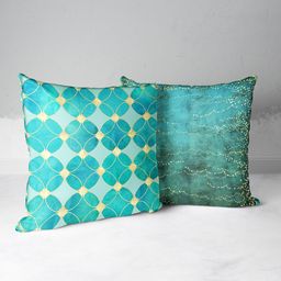 BIANCA Teal & Gold-Toned Set of 2 Geometric Square Cushion Covers-13