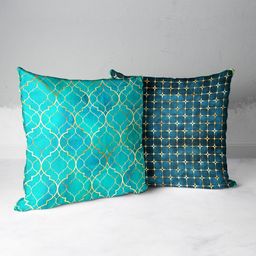 BIANCA Teal & Cream-Coloured Set of 2 Geometric Square Cushion Covers-21