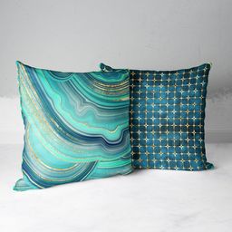 BIANCA Teal & Gold-Toned Set of 2 Abstract Square Cushion Covers-53