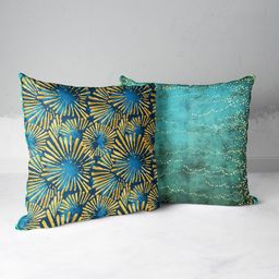 BIANCA Teal & Gold-Toned Set of 2 Geometric Square Cushion Covers-42