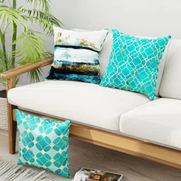 BIANCA Set Of 3 Teal Geometric Printed Square Cushion Covers-5