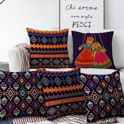 AEROHAVEN Blue & Red Set of 5 Ethnic Motifs Square Cushion Covers-5